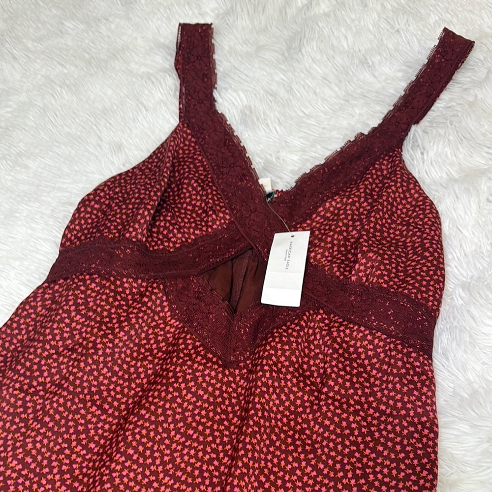 American Eagle Burgundy Silky Cut-out Printed Lace Mini Dress - Picture 6 of 10